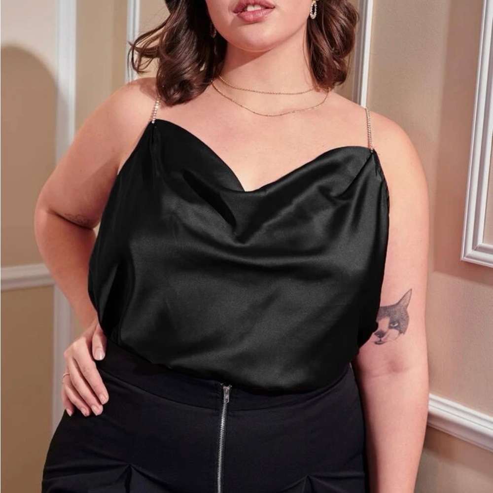 Shein curve black rhinestone strap top